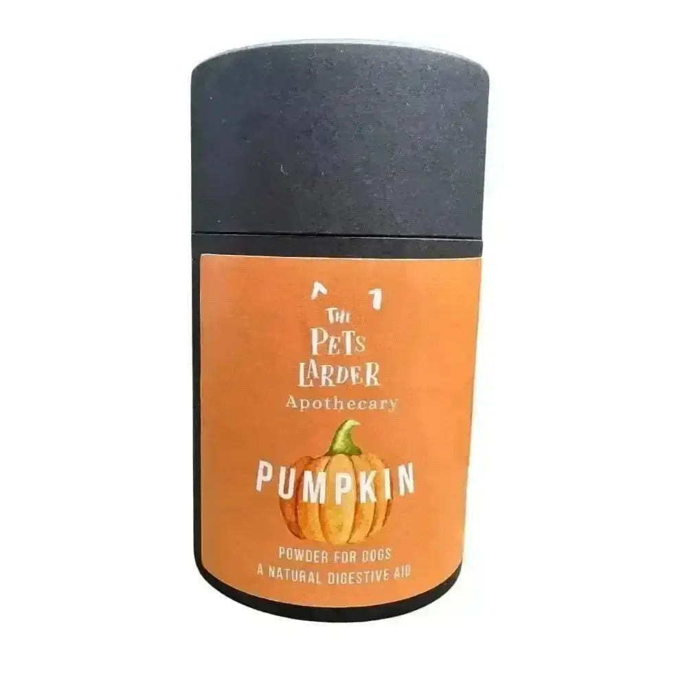 Pets Larder Apothecary pumpkin powder in a black and orange cardboard tub