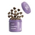 Open purple tub of Pupps chamomile soft chews with heart-shaped chews