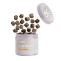Open tub of Pupps skin and coat soft chews for dogs with chews spilling out