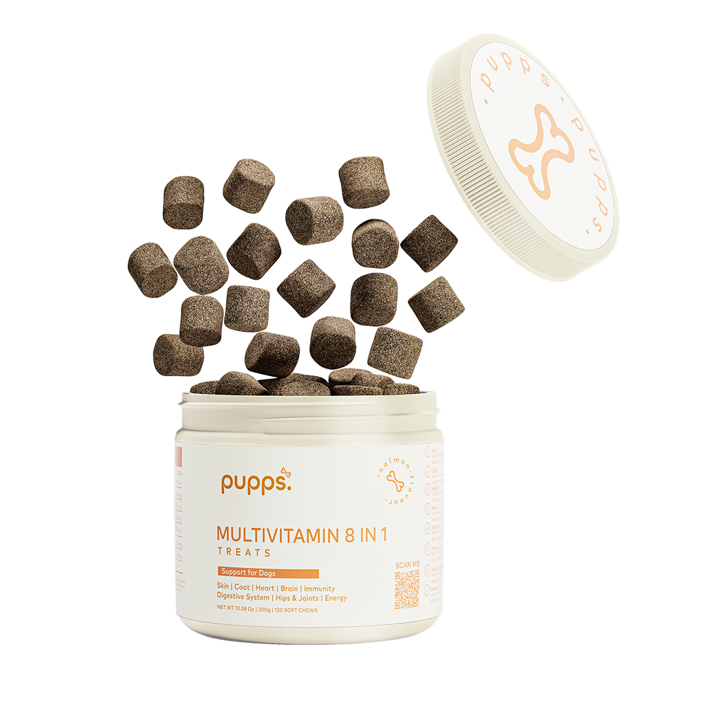 Pupps Multivitamin 8 in 1 cream tub with lid off and square brown soft chews tumbling out