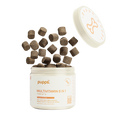 Pupps Multivitamin 8 in 1 cream tub with lid off and square brown soft chews tumbling out