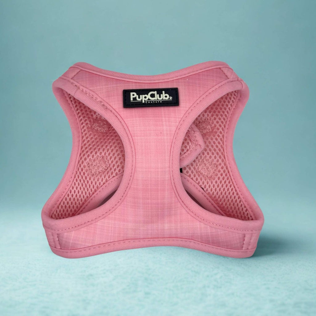 Front of the Puppy Step-In Harness in pink textured neoprene with mesh lining