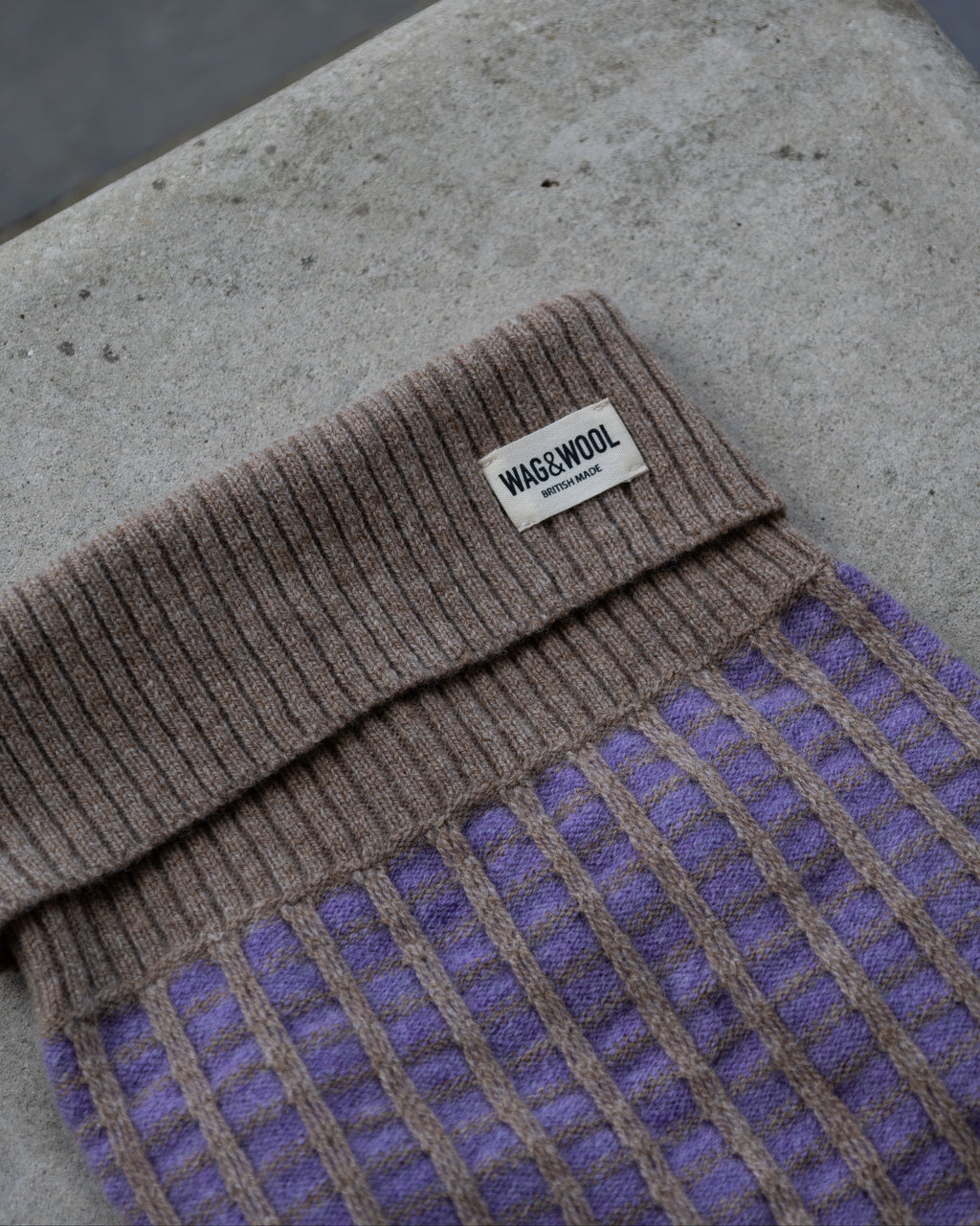 Purple merino dog jumper with taupe roll neck and WAG&WOOL label