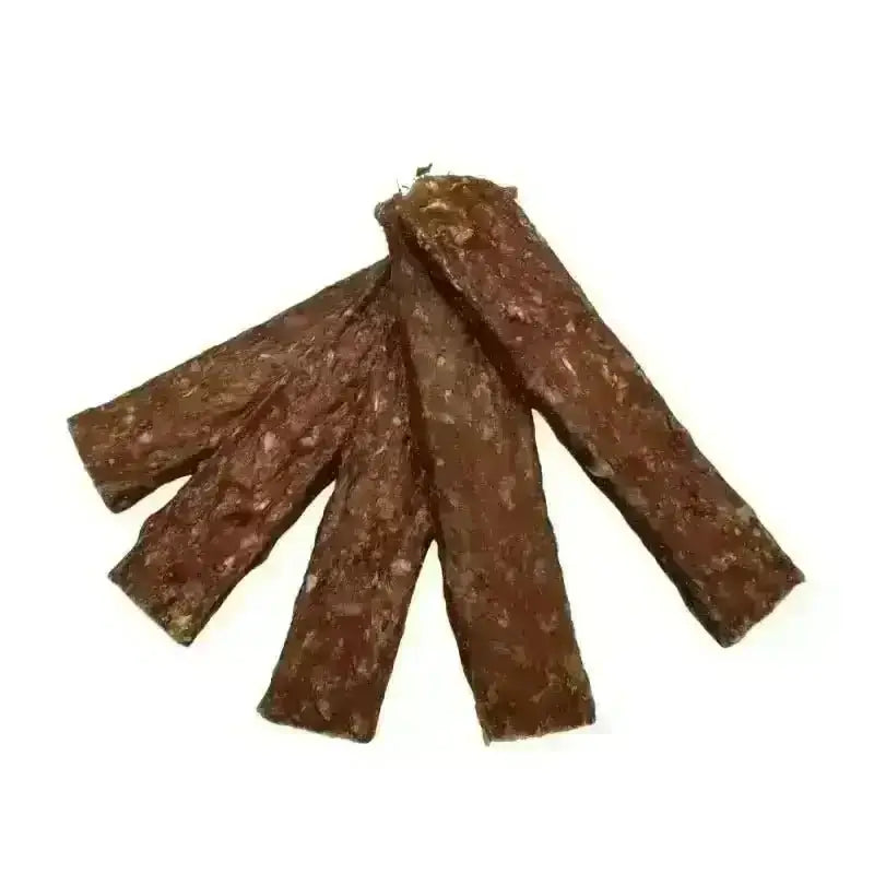 Five flat rabbit jerky strips fanned out on white