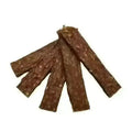 Five flat rabbit jerky strips fanned out on white