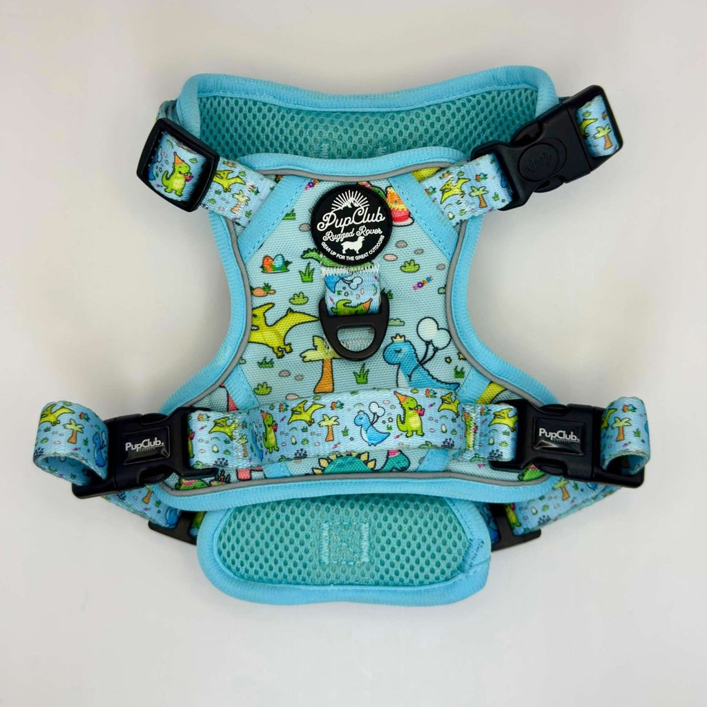 Back view of the Rugged Rover Jurassic Party harness showing handle and buckles