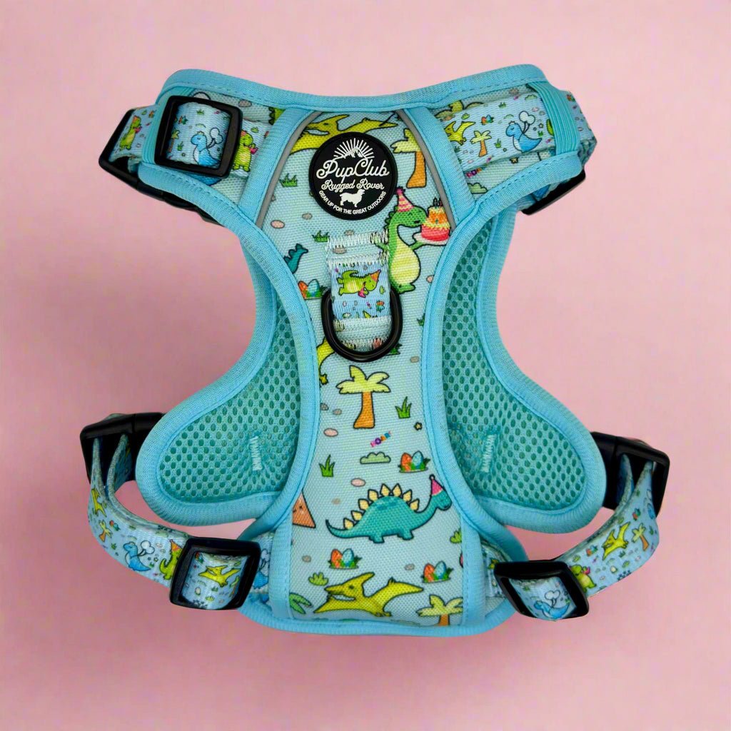 Rugged Rover Jurassic Party harness front view on pink, dinosaur print with aqua lining