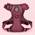 Rugged Rover Dog Harness in Berry Tweed, top view with burgundy herringbone and reflective trim