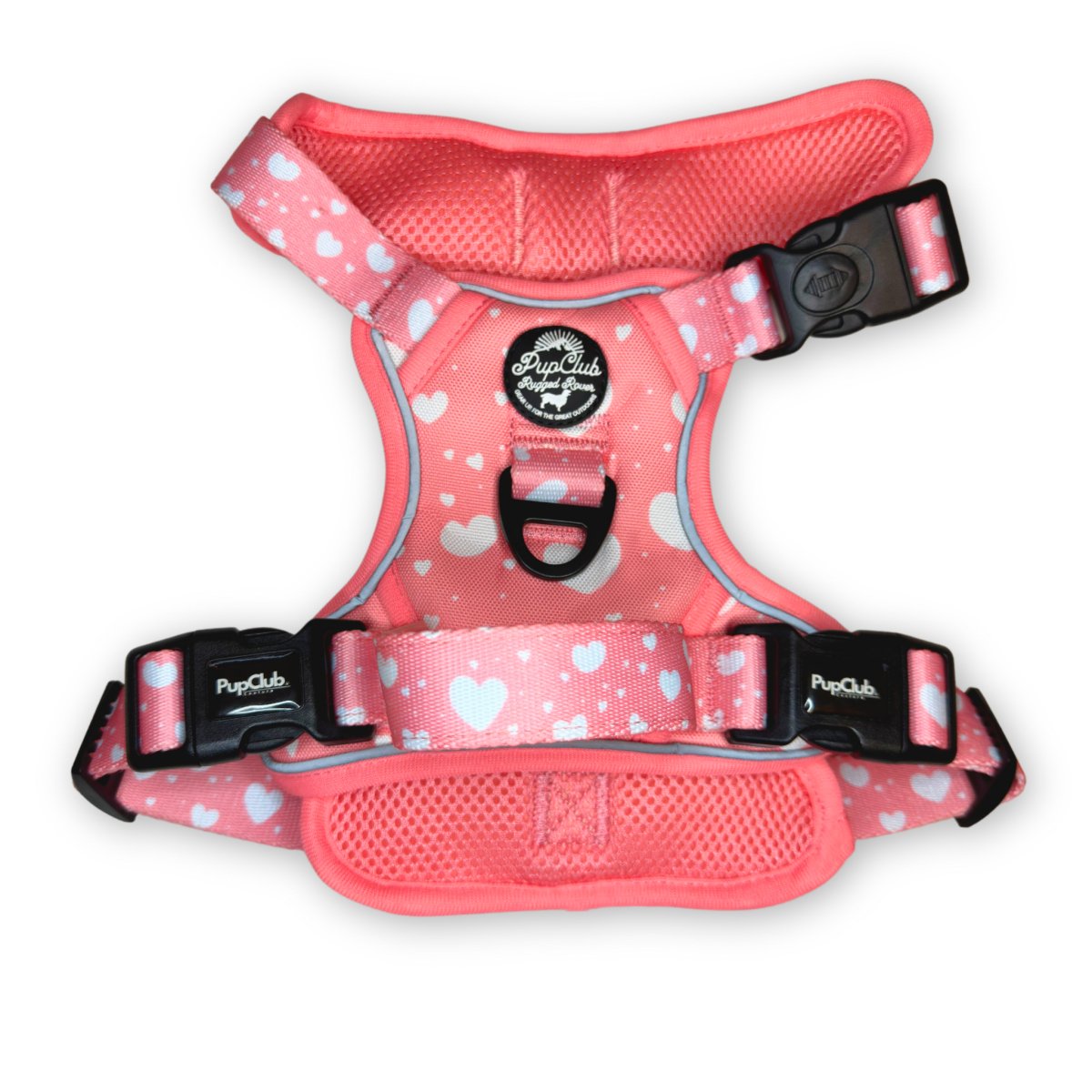 Back view of the Rugged Rover Peachy Hearts harness showing handle and buckles