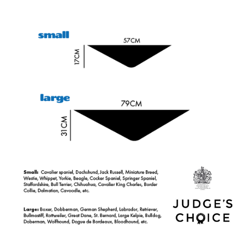 Judge's Choice Dog Bandana size guide: small 57 x 17cm, large 79 x 31cm with breed suggestions