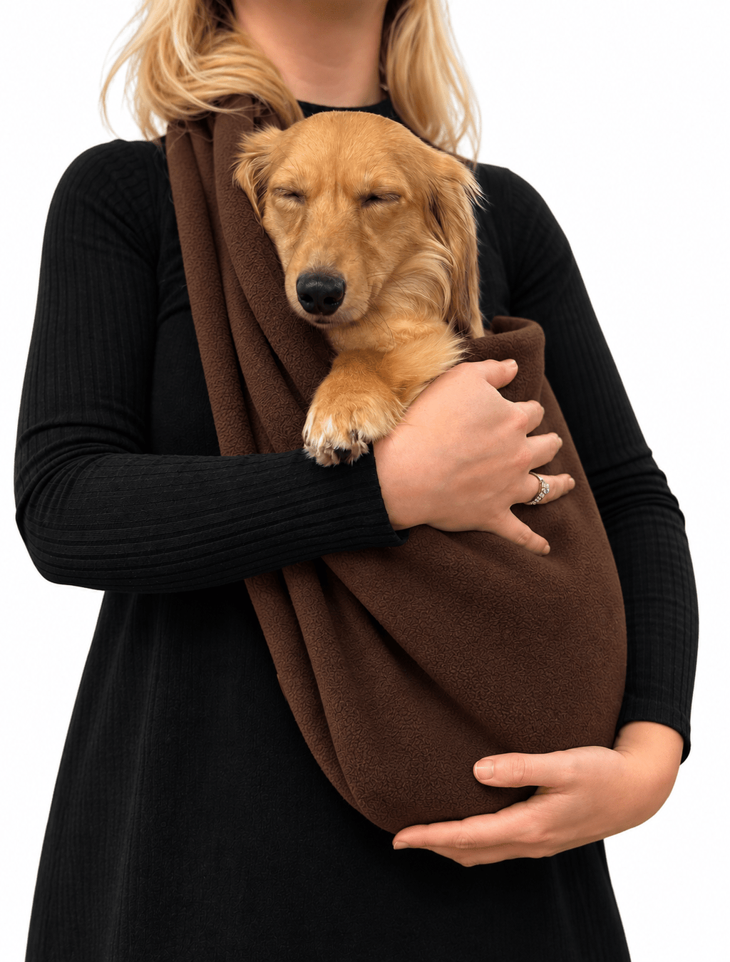 Golden retriever puppy resting in a chocolate brown Plain Fleece Dog Sling