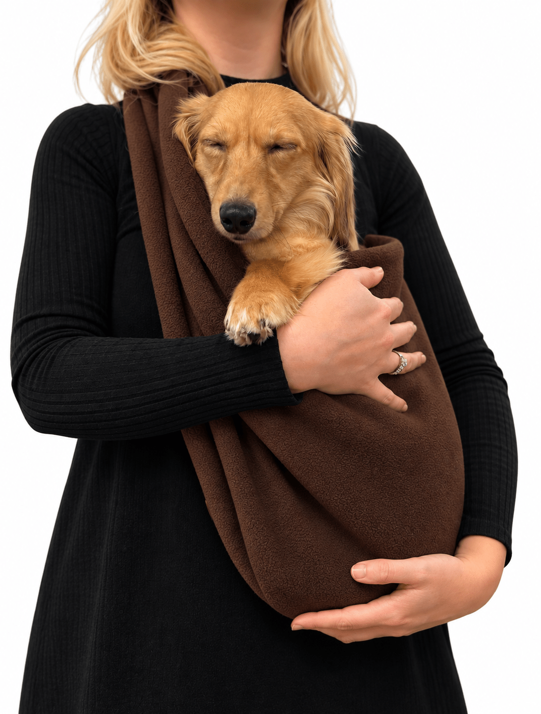 Golden retriever puppy resting in a chocolate brown Plain Fleece Dog Sling