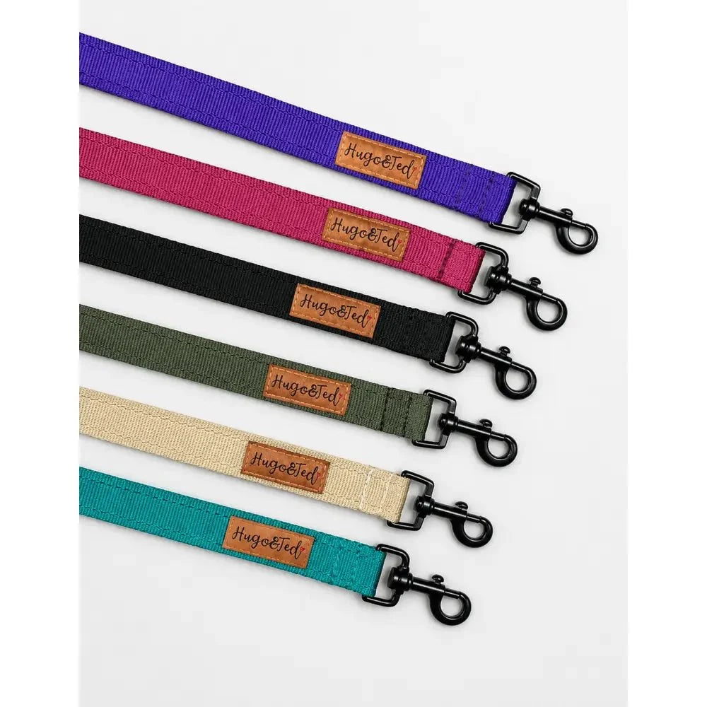 Row of Waterproof Dog Leads in purple, cerise, black, khaki, beige and emerald