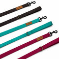 Waterproof Dog Leads in black, emerald and burgundy webbing with black trigger clips