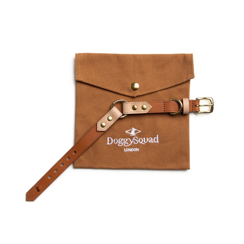 Caramel leather dog collar with natural trim on a brown canvas pouch