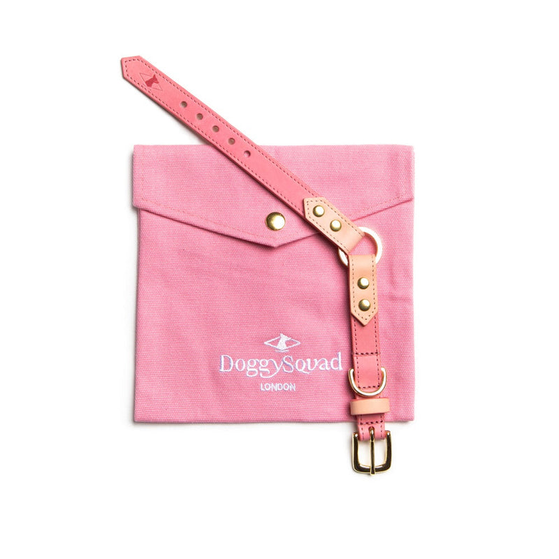 Baby pink leather dog collar with natural trim on a pink canvas pouch