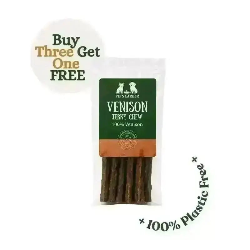 Bag of Pets Larder venison jerky chews with plastic-free badge