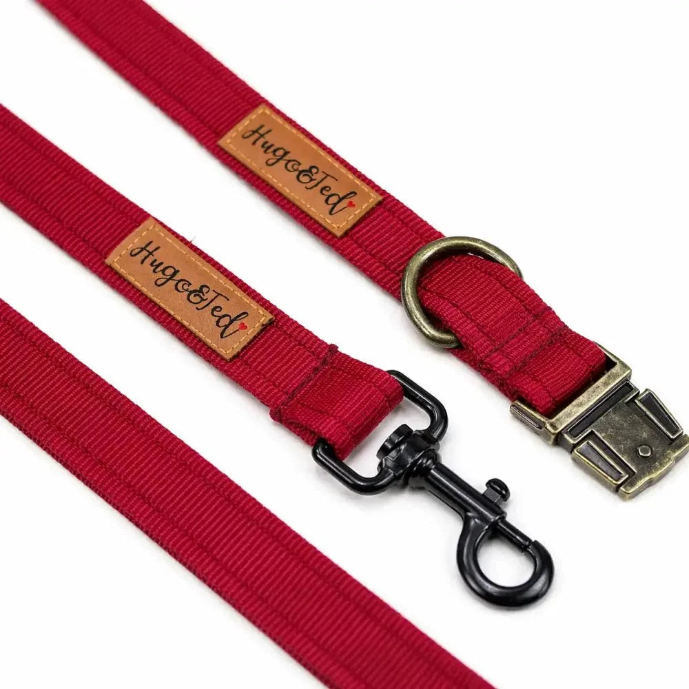 Burgundy Waterproof Dog Collar with brass buckle and matching lead