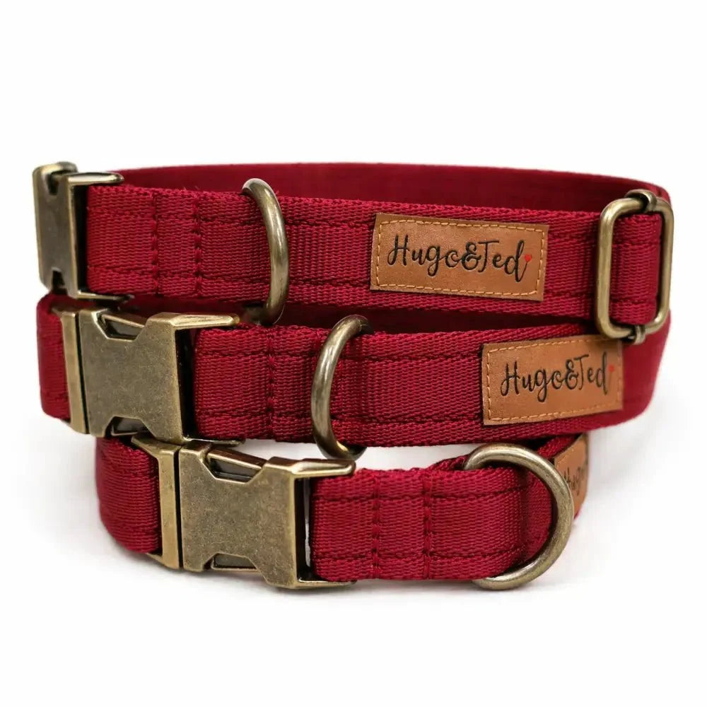 Three burgundy Waterproof Dog Collars with brass metal buckles