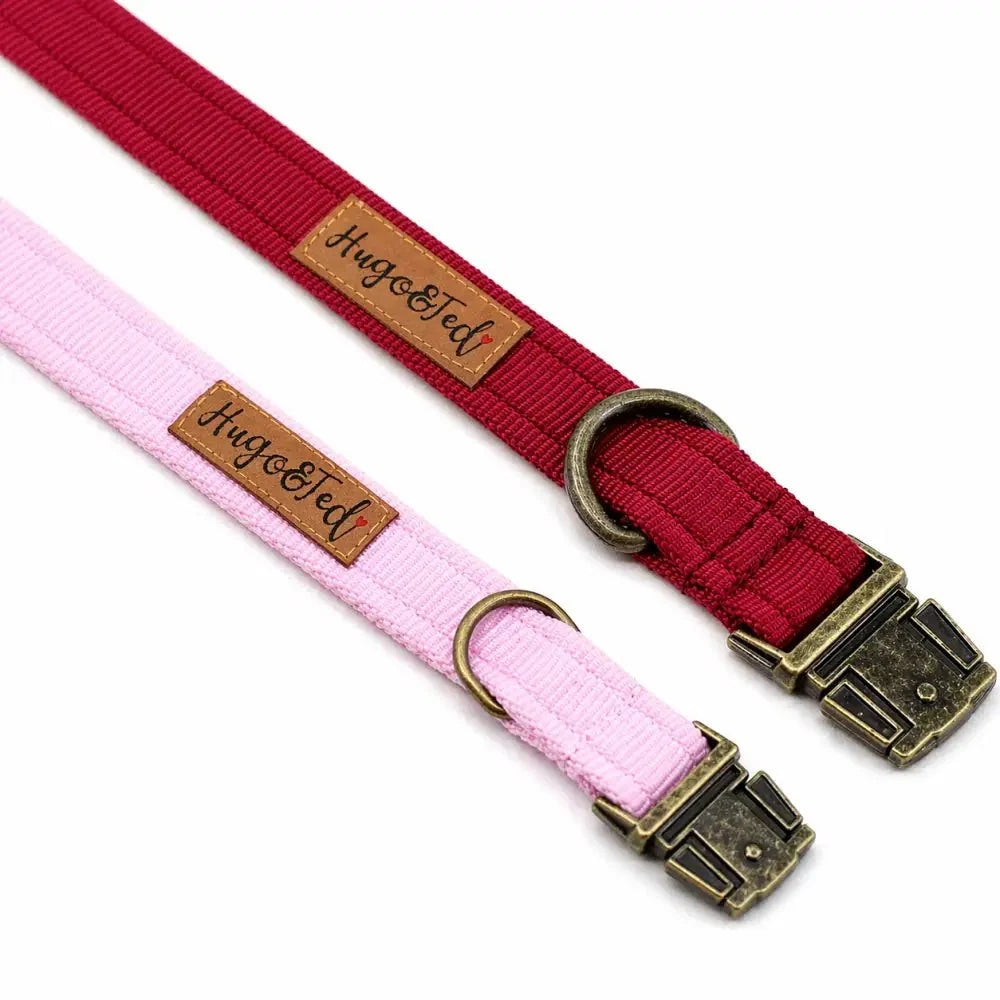 Burgundy and baby pink Waterproof Dog Collars with brass metal buckles