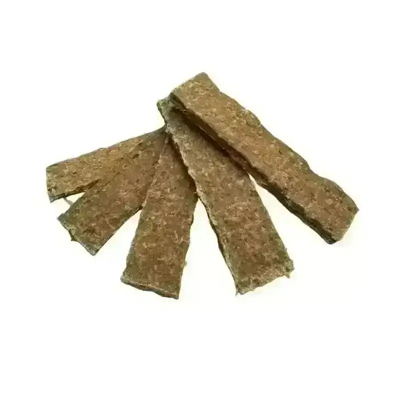 Five flat wild boar jerky strips fanned out on white