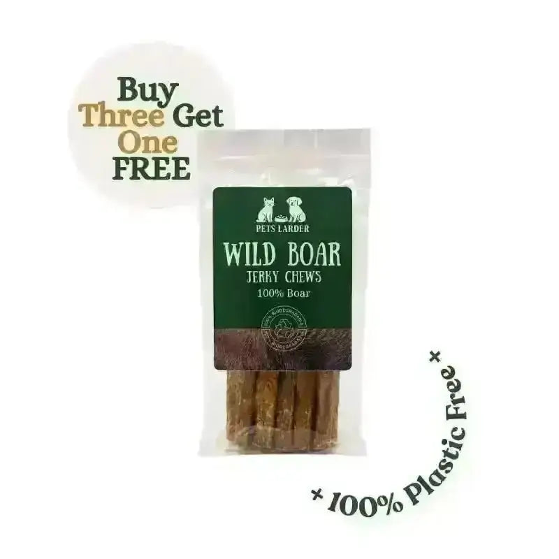 Bag of Pets Larder wild boar jerky chews with plastic-free badge